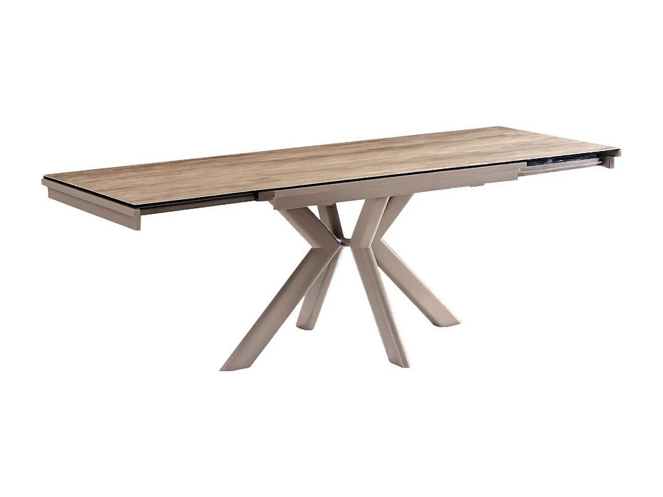 Table repas 120x80cm allongeable plateau en verre et céramique finition chêne pied étoile sable - XENON