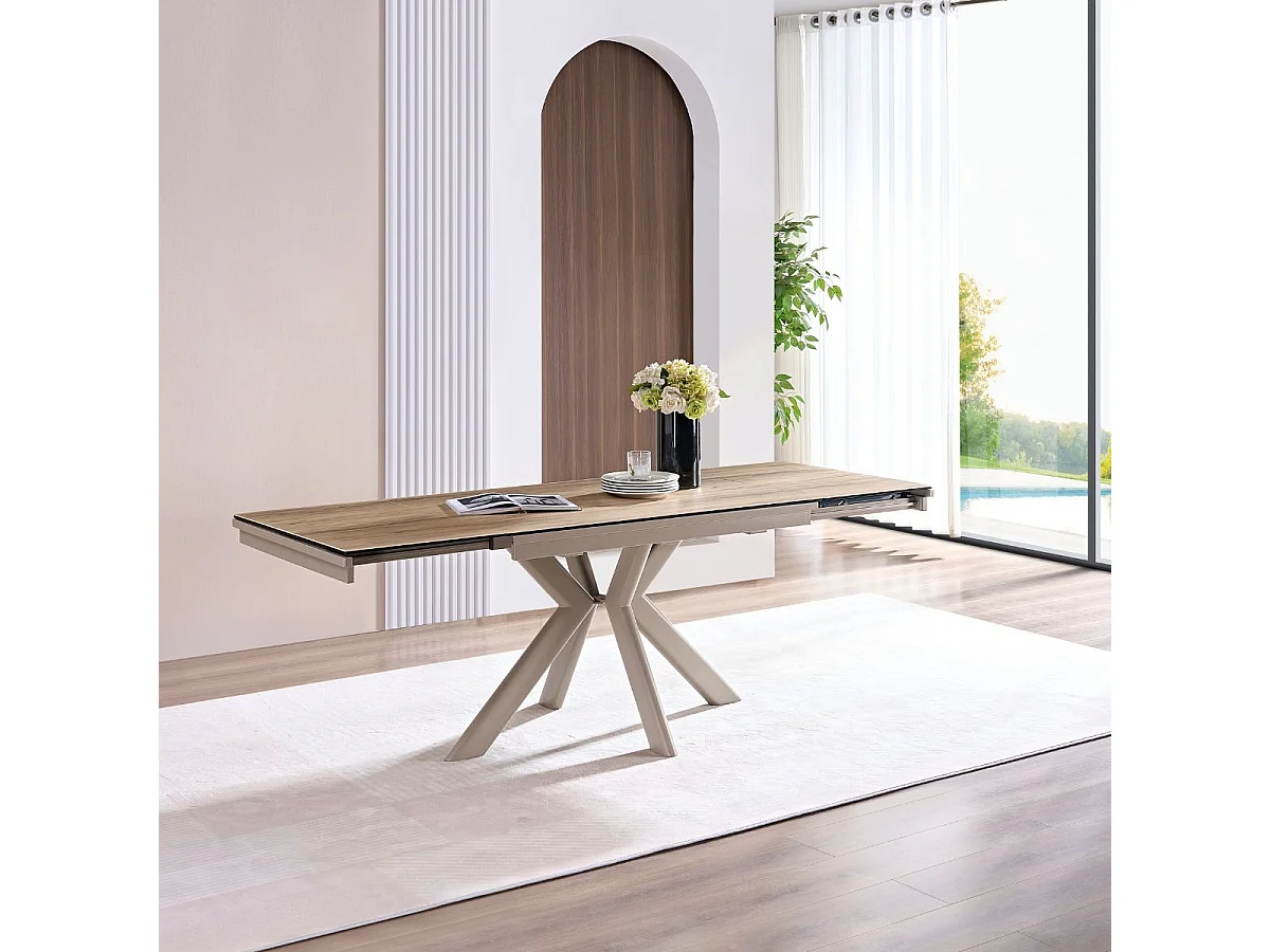 Table repas 120x80cm allongeable plateau en verre et céramique finition chêne pied étoile sable - XENON