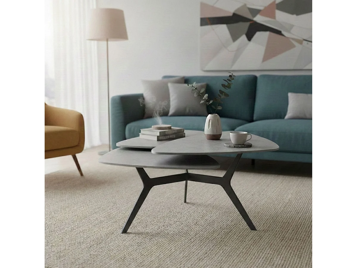 Table basse avec 3 plateaux pivotants en céramique finition gris ardoise - NEXUS