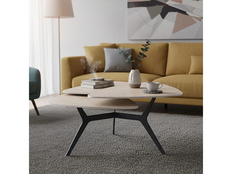 Table basse avec 3 plateaux pivotants en céramique finition chêne - NEXUS