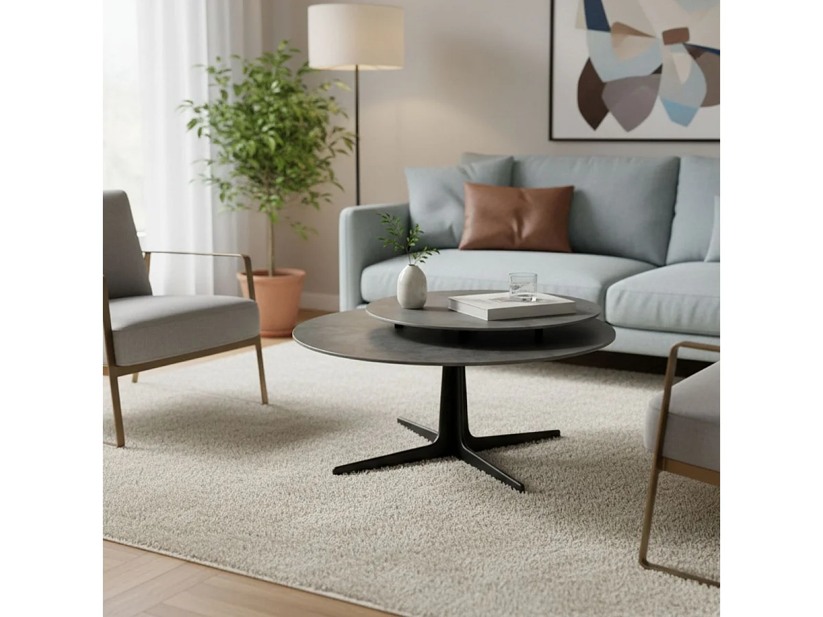 Table basse ronde avec plateau supérieur pivotant en céramique finition acier marron - SATELLIT