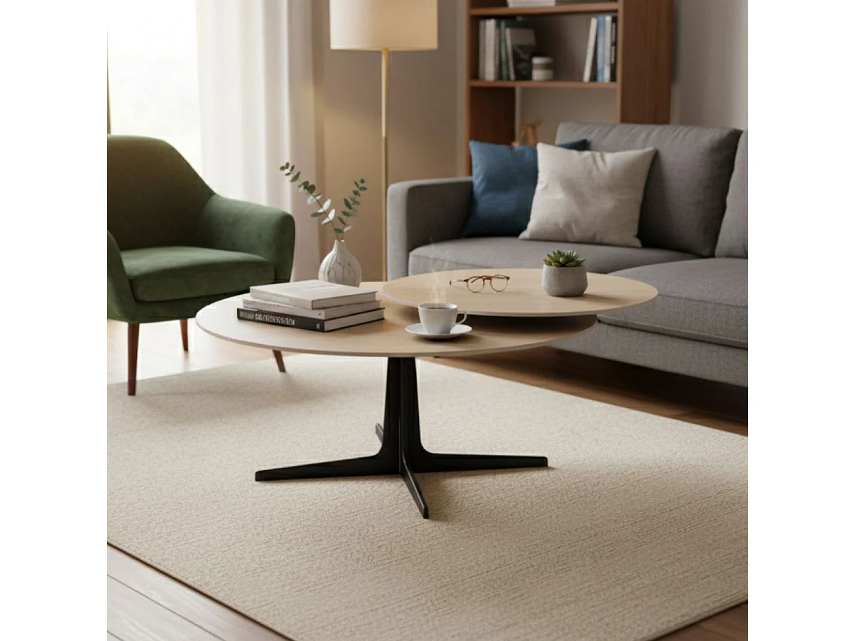 Table basse ronde avec plateau supérieur pivotant en céramique finition chêne - SATELLIT