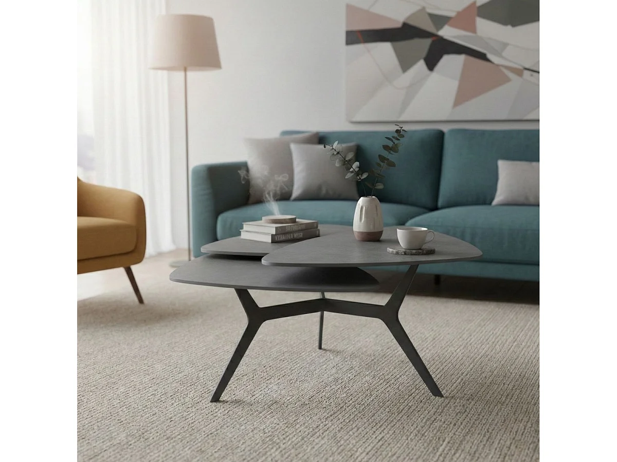 Table basse avec 3 plateaux pivotants en céramique finition acier marron - NEXUS