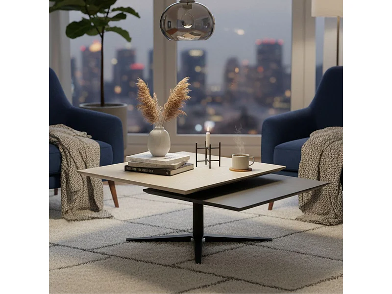 Table basse carrée avec plateau supérieur pivotant en céramique finition chêne et acier marron - FUSION