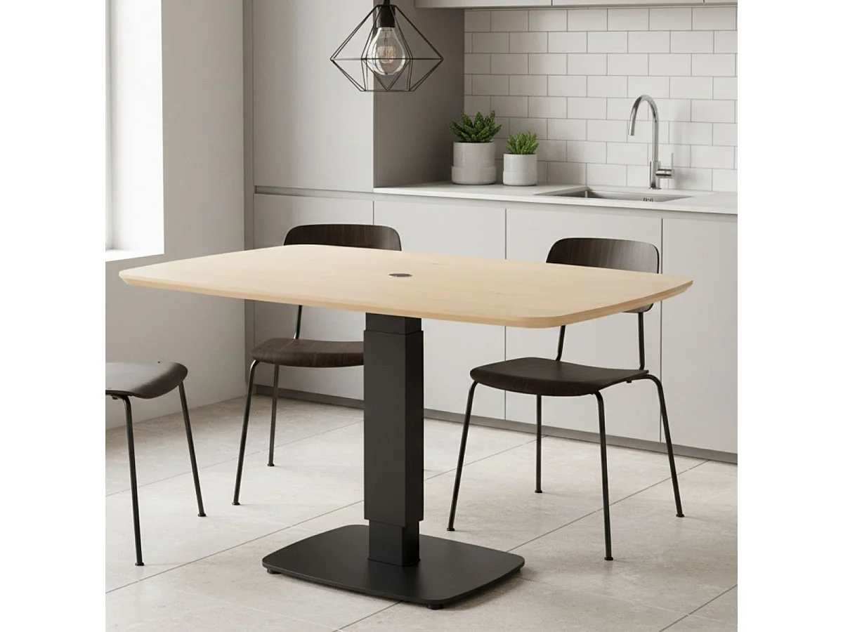 Table repas réglable en hauteur plateau MDF placage chêne pied central en métal laqué noir - ELEVIA