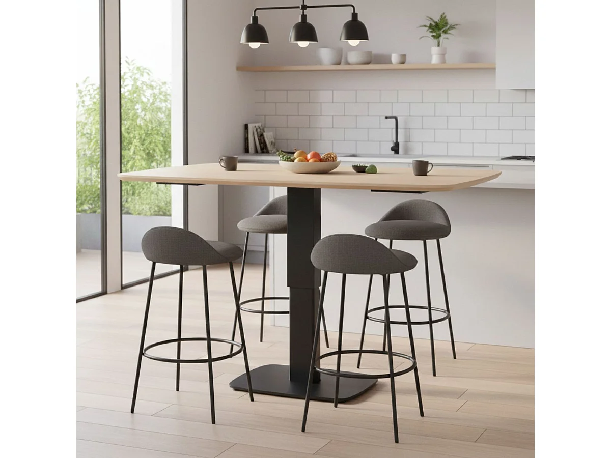 Table repas réglable en hauteur plateau MDF placage chêne pied central en métal laqué noir - ELEVIA