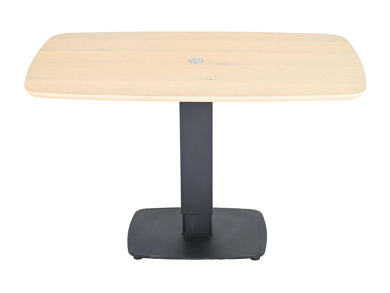 Table repas réglable en hauteur plateau MDF placage chêne pied central en métal laqué noir - ELEVIA