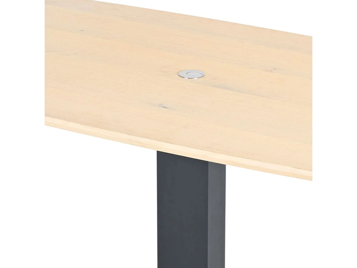 Table repas réglable en hauteur plateau MDF placage chêne pied central en métal laqué noir - ELEVIA