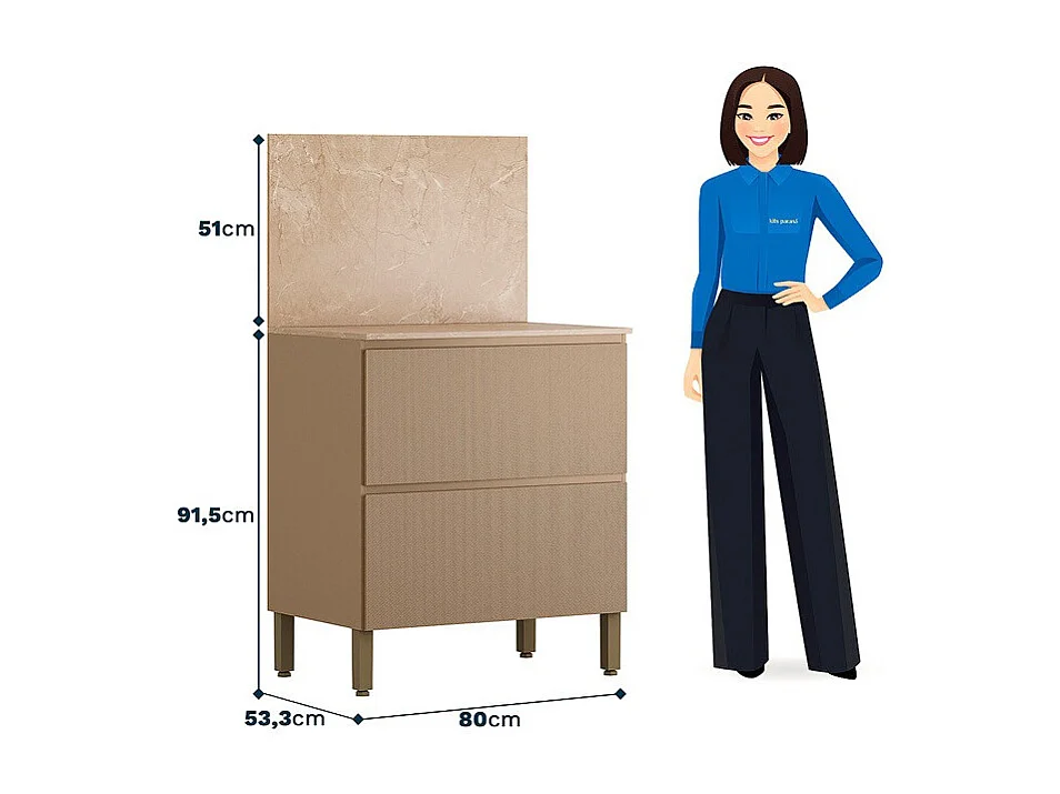 Meuble de Cuisine Bas 1 Porte 1 Tiroir Taupe et Crédence Marbre L 80 H 91.5 P 53.3 cm