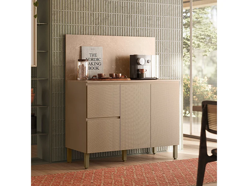 Meuble de Cuisine Bas 3 Portes 2 Tiroirs Taupe et Crédence Marbre L 120 H 91.5 P 53.3 cm