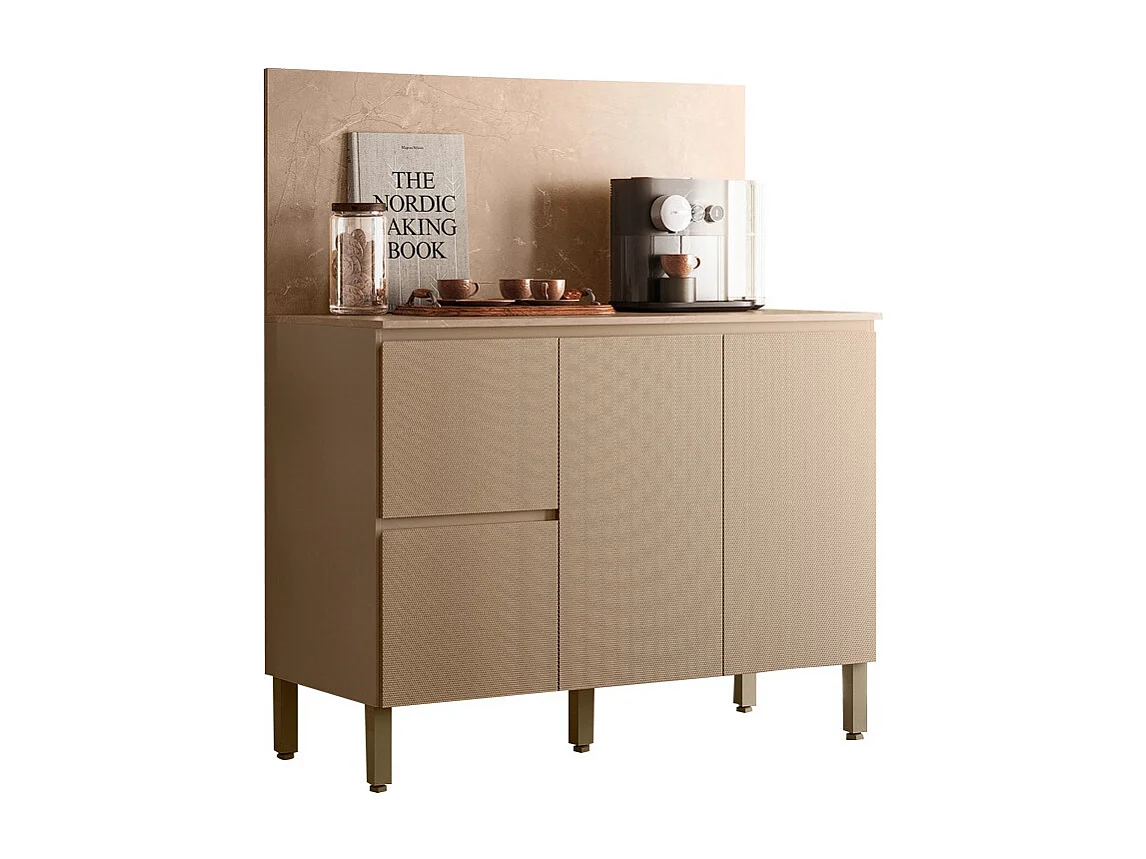 Meuble de Cuisine Bas 3 Portes 2 Tiroirs Taupe et Crédence Marbre L 120 H 91.5 P 53.3 cm