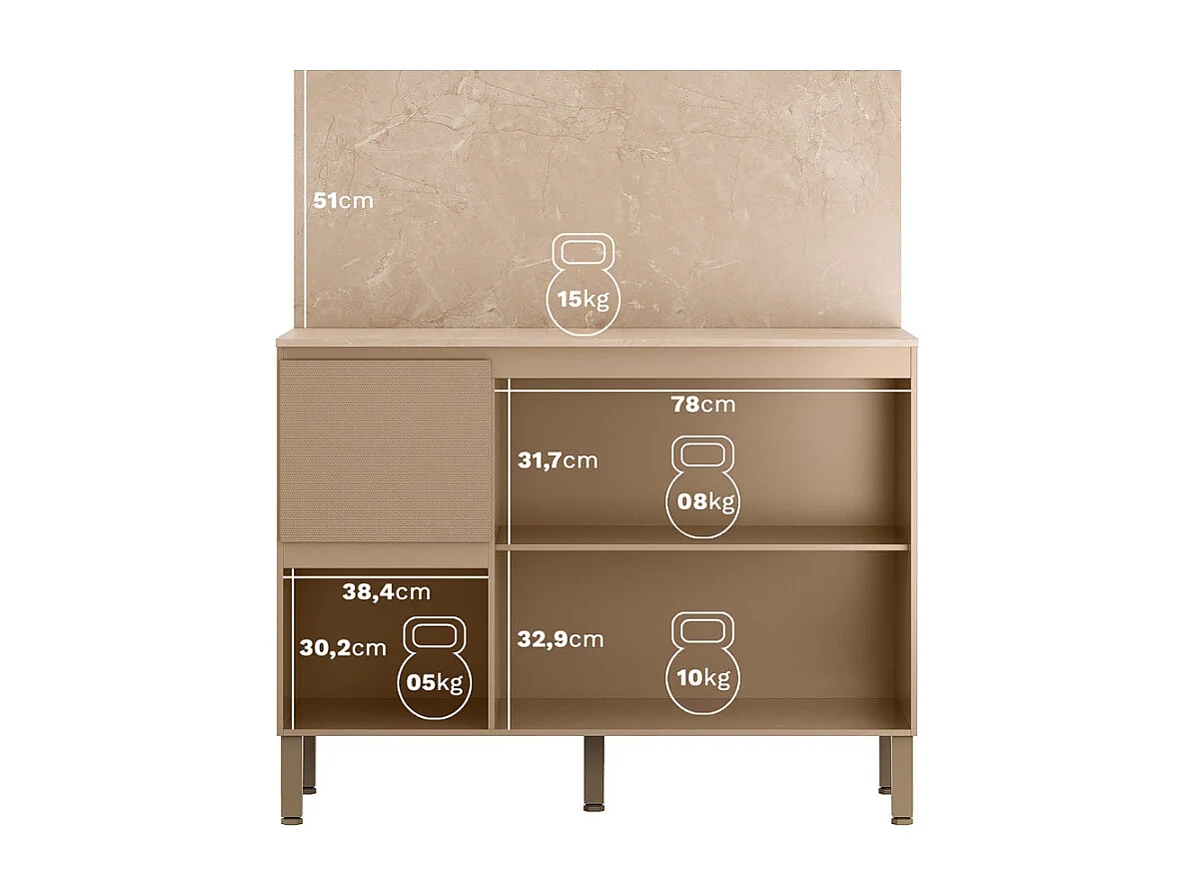 Meuble de Cuisine Bas 3 Portes 2 Tiroirs Taupe et Crédence Marbre L 120 H 91.5 P 53.3 cm