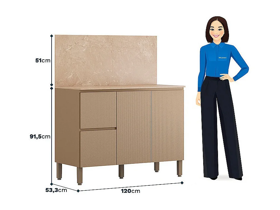 Meuble de Cuisine Bas 3 Portes 2 Tiroirs Taupe et Crédence Marbre L 120 H 91.5 P 53.3 cm