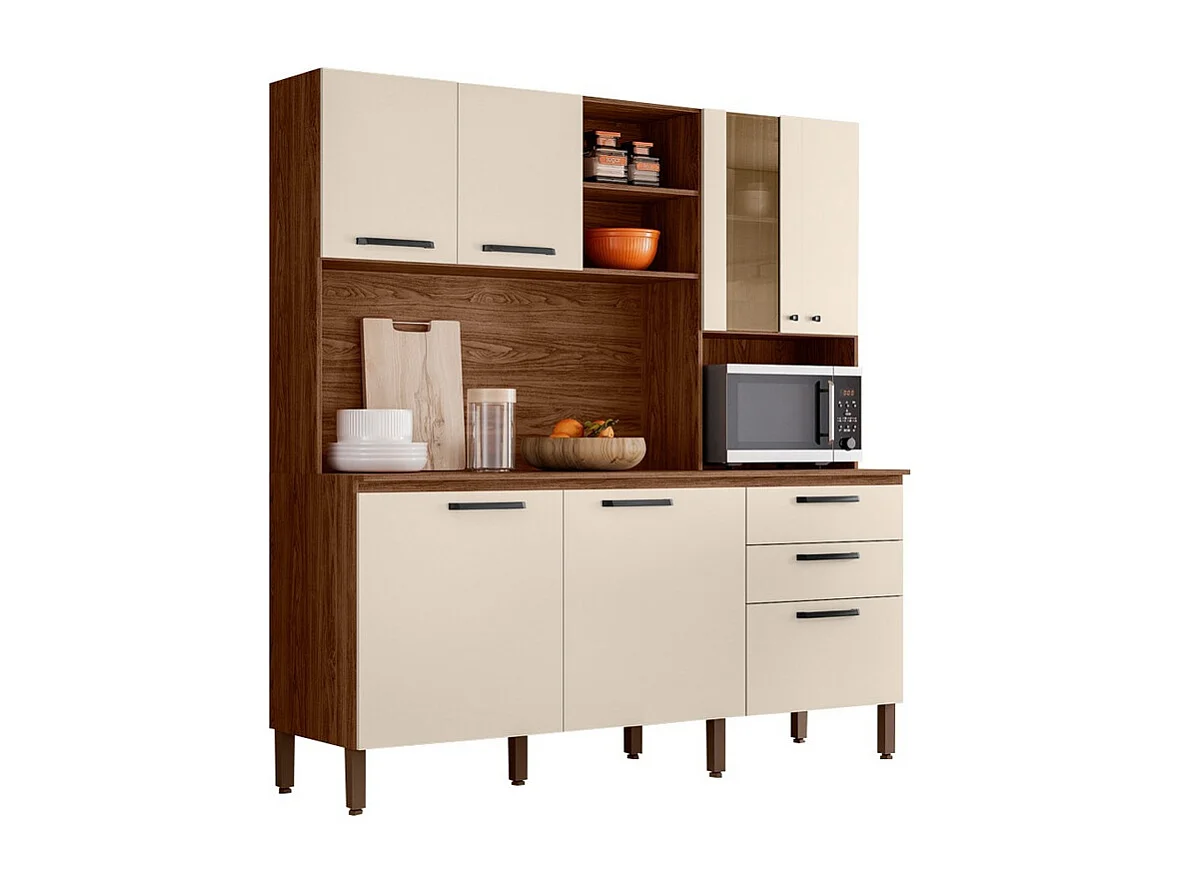 Grand Buffet 7 Portes 2 Tiroirs 12 Niches Noyer et Blanc Ecru L 182 H 191 P 53.3 cm