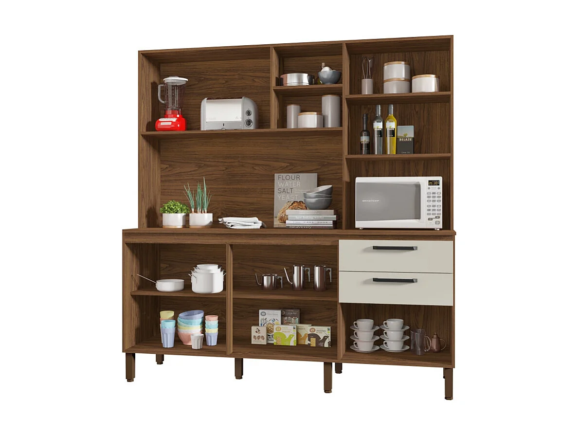 Grand Buffet 7 Portes 2 Tiroirs 12 Niches Noyer et Blanc Ecru L 182 H 191 P 53.3 cm