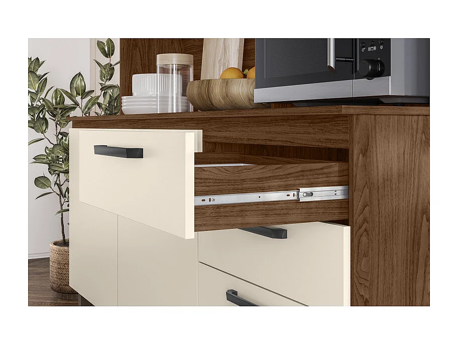 Grand Buffet 7 Portes 2 Tiroirs 12 Niches Noyer et Blanc Ecru L 182 H 191 P 53.3 cm