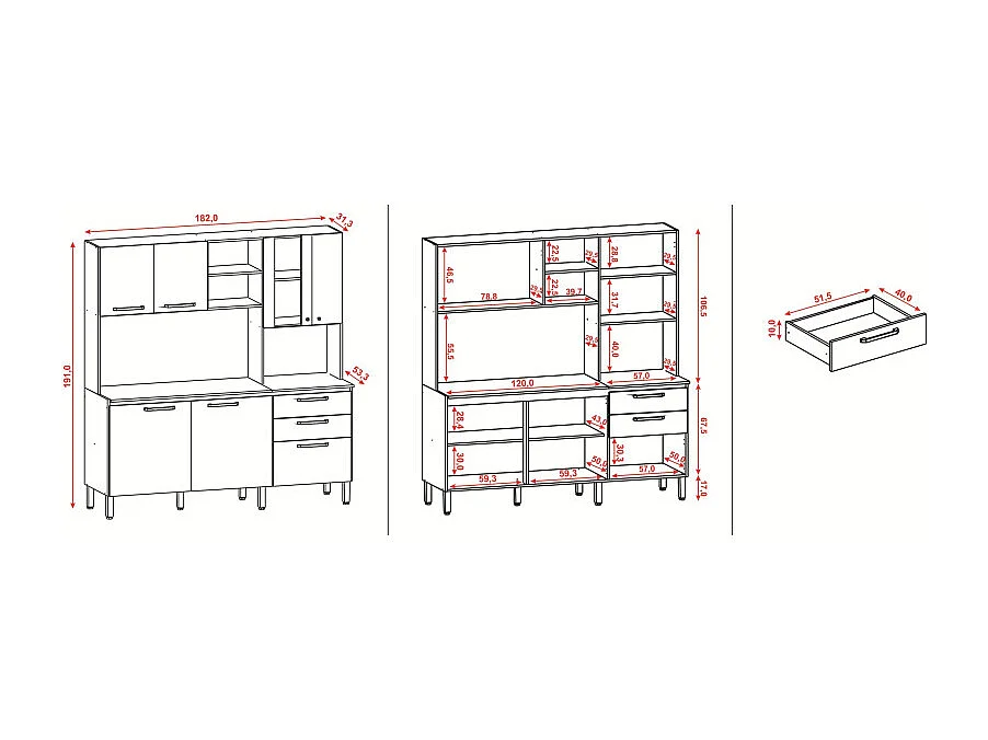 Grand Buffet 7 Portes 2 Tiroirs 12 Niches Noyer et Blanc Ecru L 182 H 191 P 53.3 cm