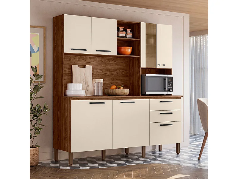 Grand Buffet 7 Portes 2 Tiroirs 12 Niches Noyer et Blanc Ecru L 182 H 191 P 53.3 cm