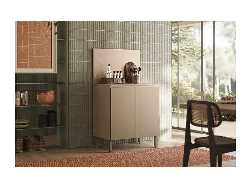 Meuble de Cuisine Bas 2 Portes 2 Niches Taupe et Crédence Marbre L 80 H 91.5 P 53.3 cm