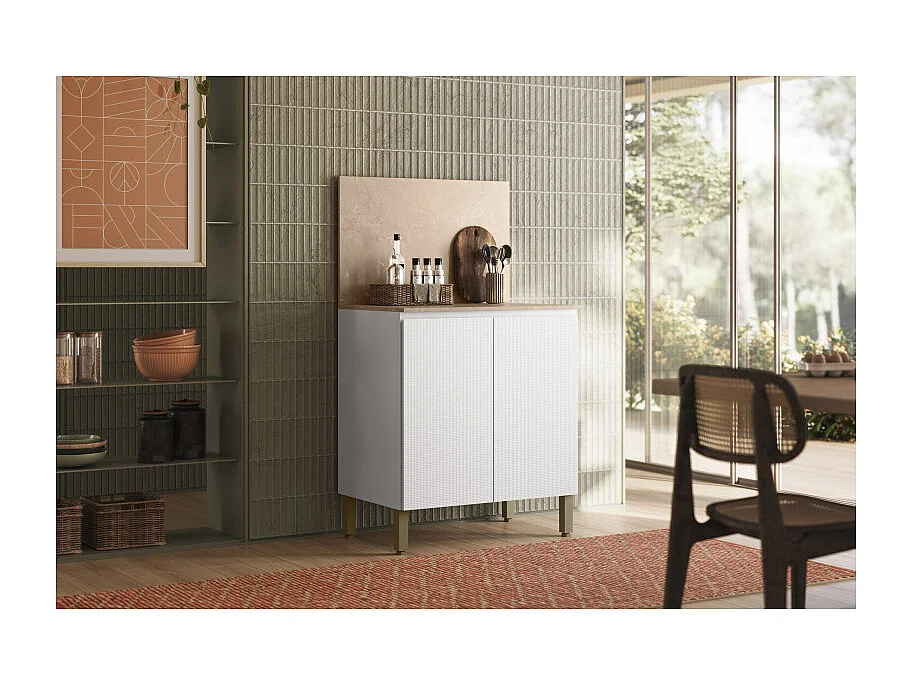 Meuble de Cuisine Bas 2 Portes 2 Niches Blanc et Crédence Marbre L 80 H 91.5 P 53.3 cm