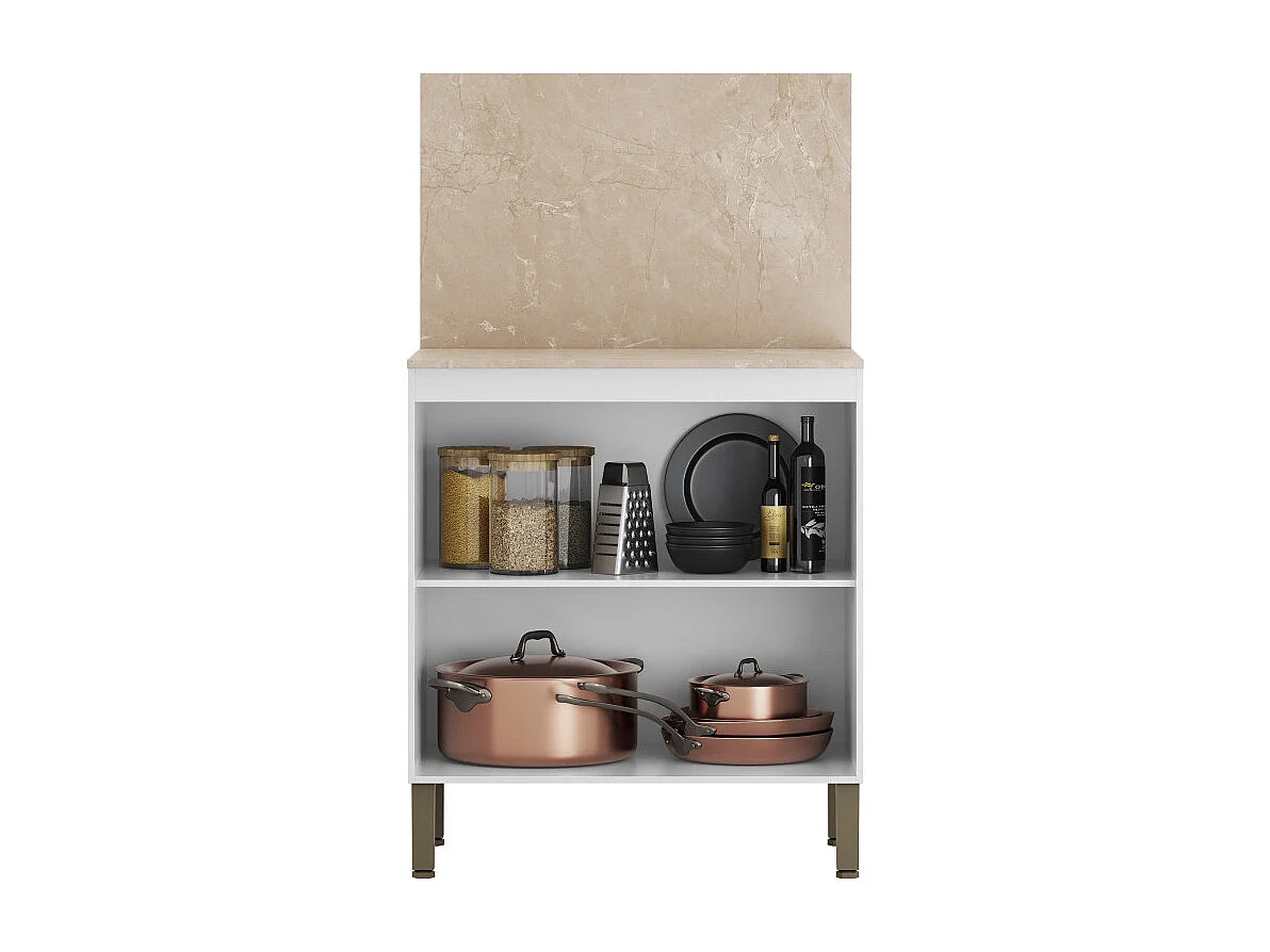 Meuble de Cuisine Bas 2 Portes 2 Niches Blanc et Crédence Marbre L 80 H 91.5 P 53.3 cm