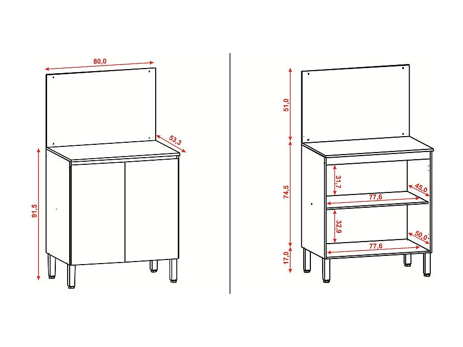 Meuble de Cuisine Bas 2 Portes 2 Niches Blanc et Crédence Marbre L 80 H 91.5 P 53.3 cm