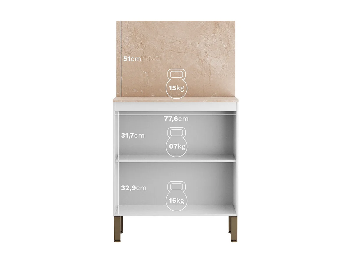 Meuble de Cuisine Bas 2 Portes 2 Niches Blanc et Crédence Marbre L 80 H 91.5 P 53.3 cm