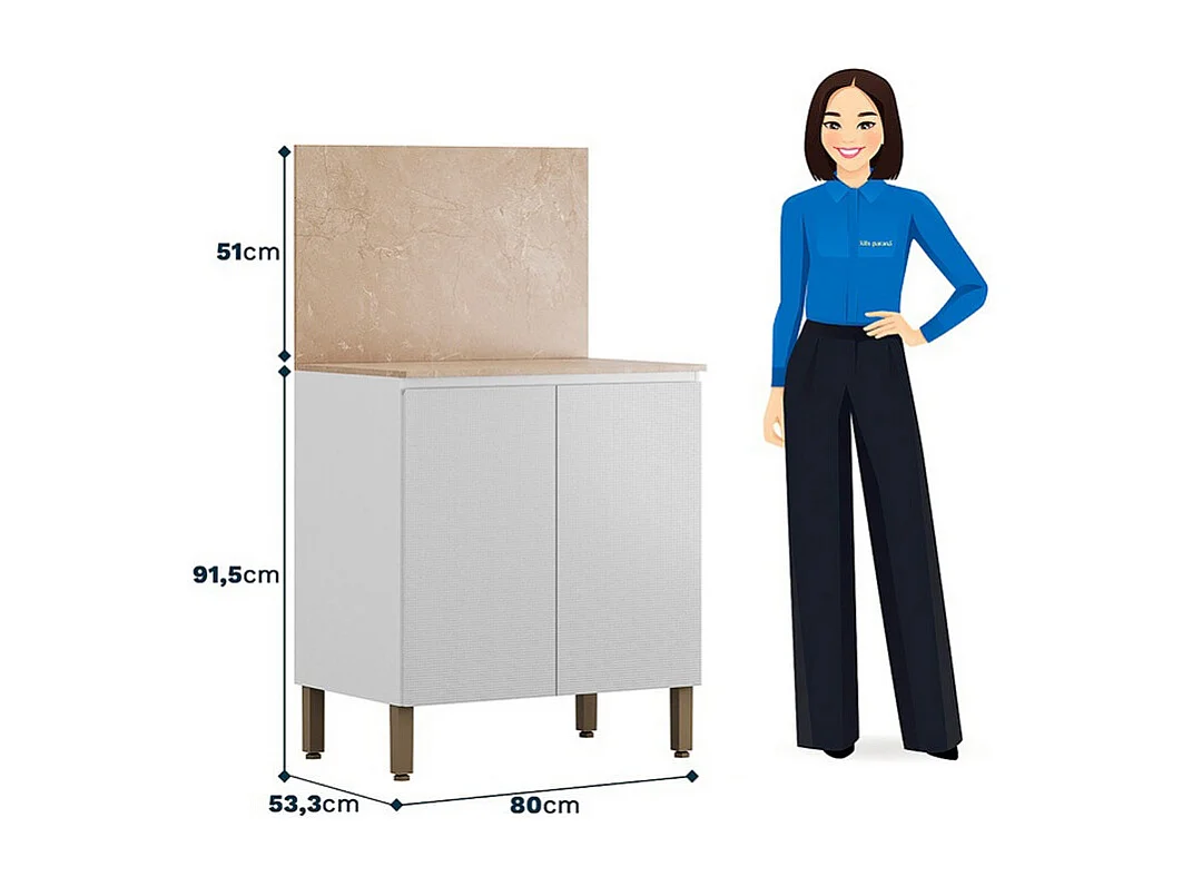 Meuble de Cuisine Bas 2 Portes 2 Niches Blanc et Crédence Marbre L 80 H 91.5 P 53.3 cm