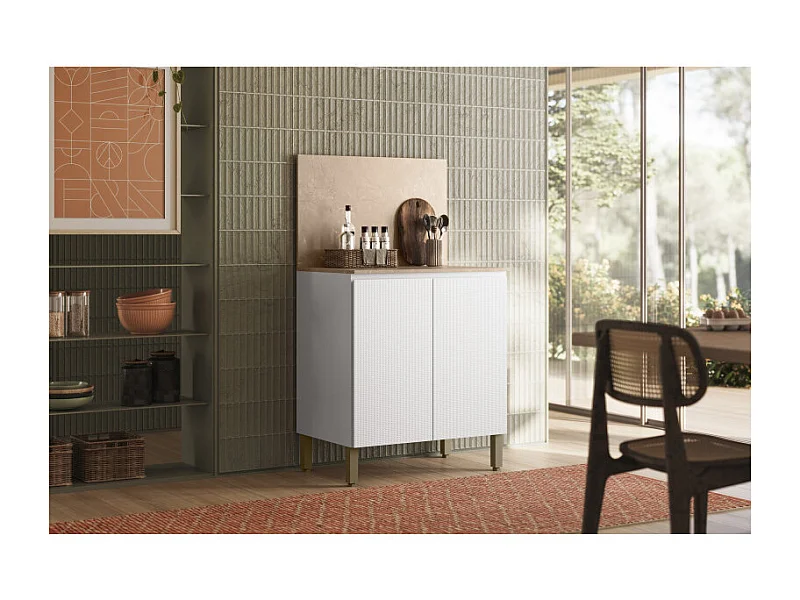 Meuble de Cuisine Bas 2 Portes 2 Niches Blanc et Crédence Marbre L 80 H 91.5 P 53.3 cm