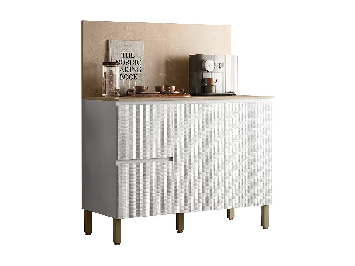 Meuble de Cuisine Bas 3 Portes 2 Tiroirs Blanc et Crédence Marbre L 120 H 91.5 P 53.3 cm