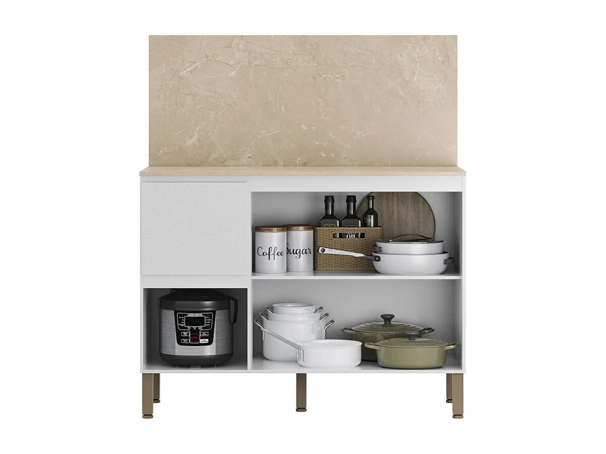 Meuble de Cuisine Bas 3 Portes 2 Tiroirs Blanc et Crédence Marbre L 120 H 91.5 P 53.3 cm