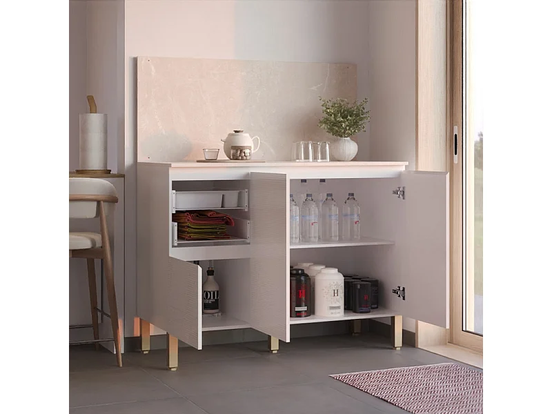 Meuble de Cuisine Bas 3 Portes 2 Tiroirs Blanc et Crédence Marbre L 120 H 91.5 P 53.3 cm