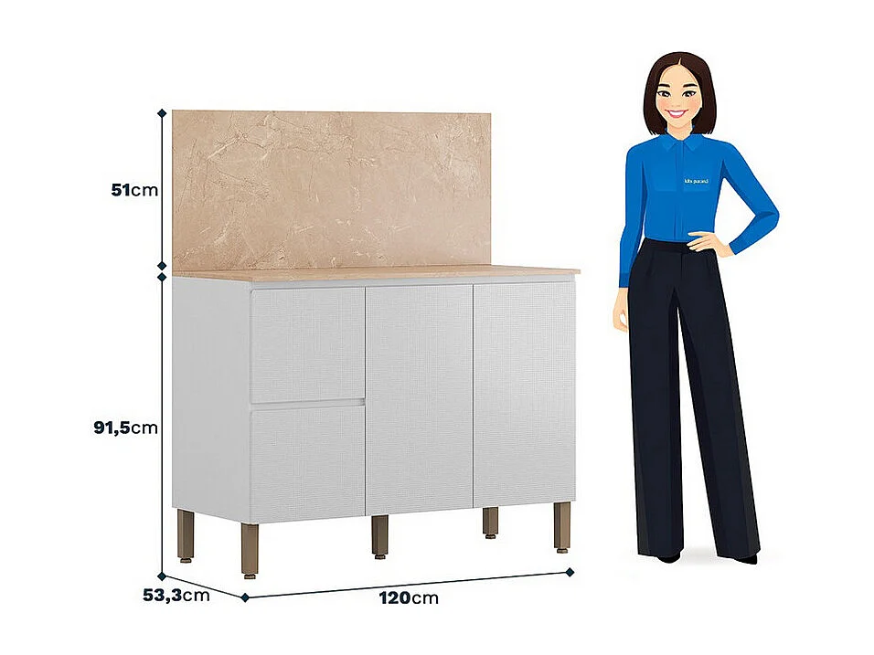 Meuble de Cuisine Bas 3 Portes 2 Tiroirs Blanc et Crédence Marbre L 120 H 91.5 P 53.3 cm