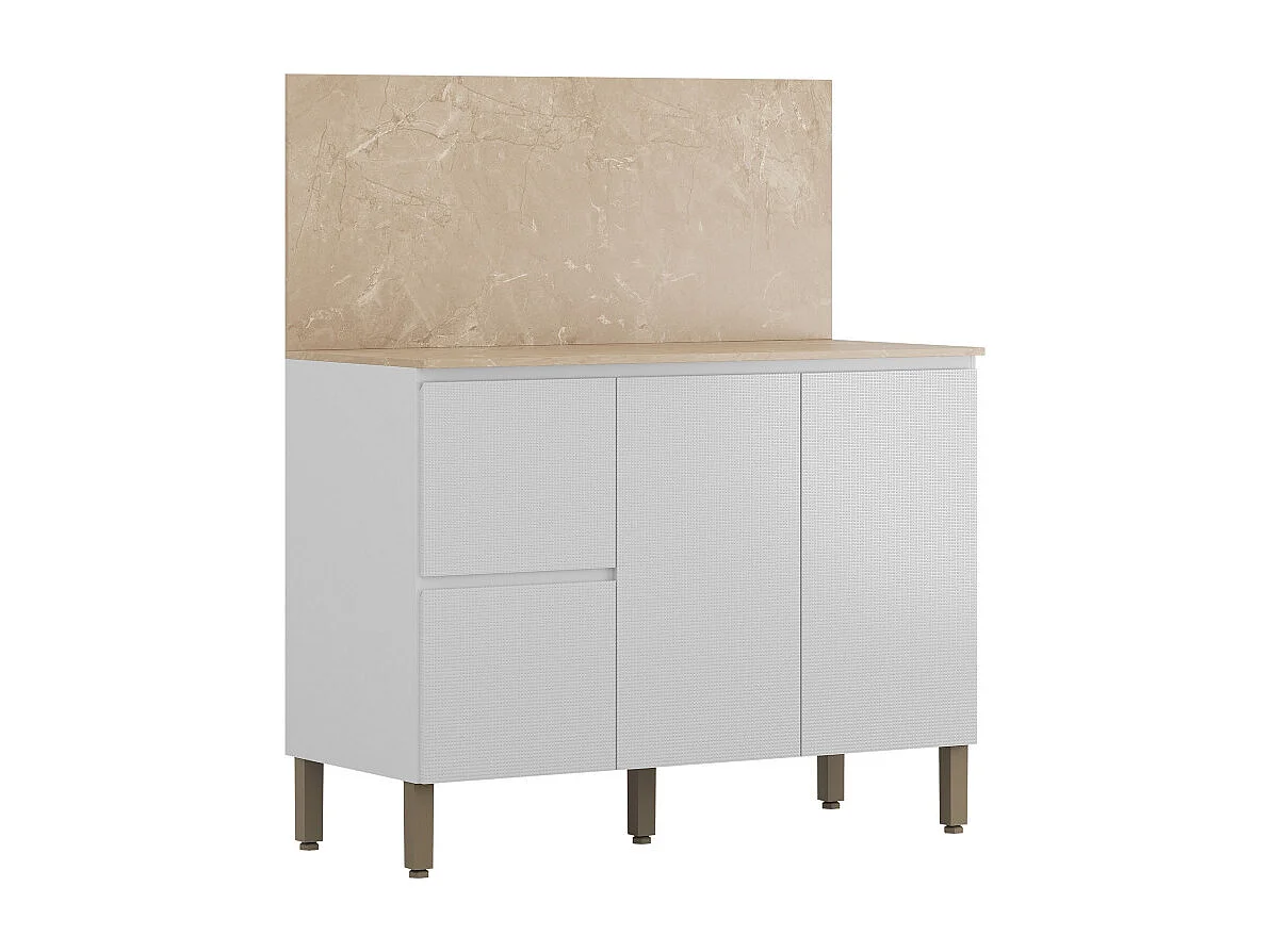 Meuble de Cuisine Bas 3 Portes 2 Tiroirs Blanc et Crédence Marbre L 120 H 91.5 P 53.3 cm