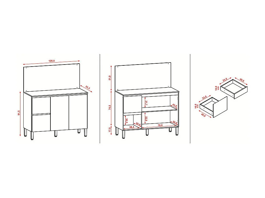 Meuble de Cuisine Bas 3 Portes 2 Tiroirs Blanc et Crédence Marbre L 120 H 91.5 P 53.3 cm