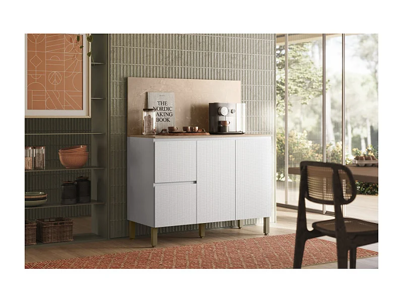 Meuble de Cuisine Bas 3 Portes 2 Tiroirs Blanc et Crédence Marbre L 120 H 91.5 P 53.3 cm