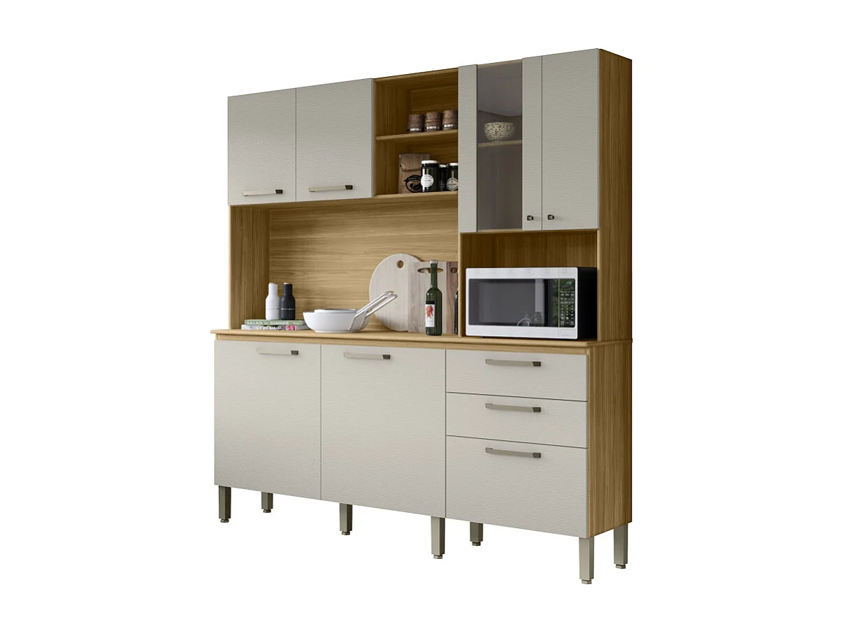 Buffet 7 Portes 2 Tiroirs 12 Niches Chêne et Blanc Ecru Gaufré L 182 H 191 P 53.3 cm