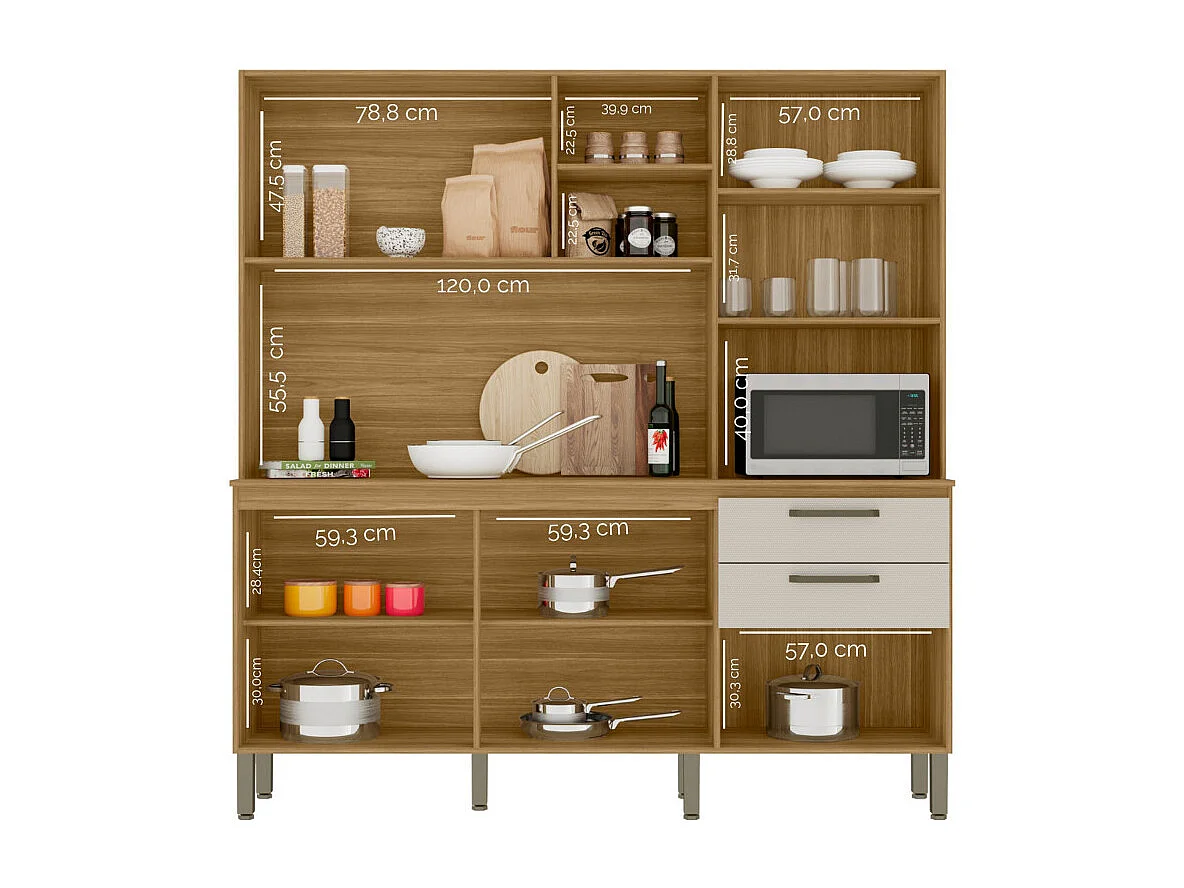 Buffet 7 Portes 2 Tiroirs 12 Niches Chêne et Blanc Ecru Gaufré L 182 H 191 P 53.3 cm