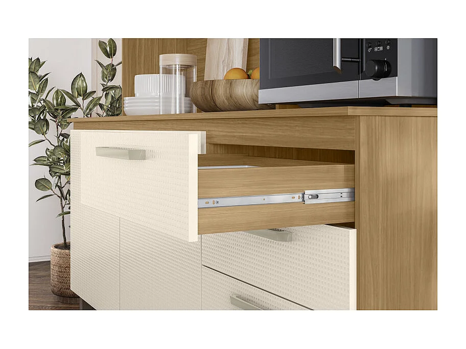 Buffet 7 Portes 2 Tiroirs 12 Niches Chêne et Blanc Ecru Gaufré L 182 H 191 P 53.3 cm