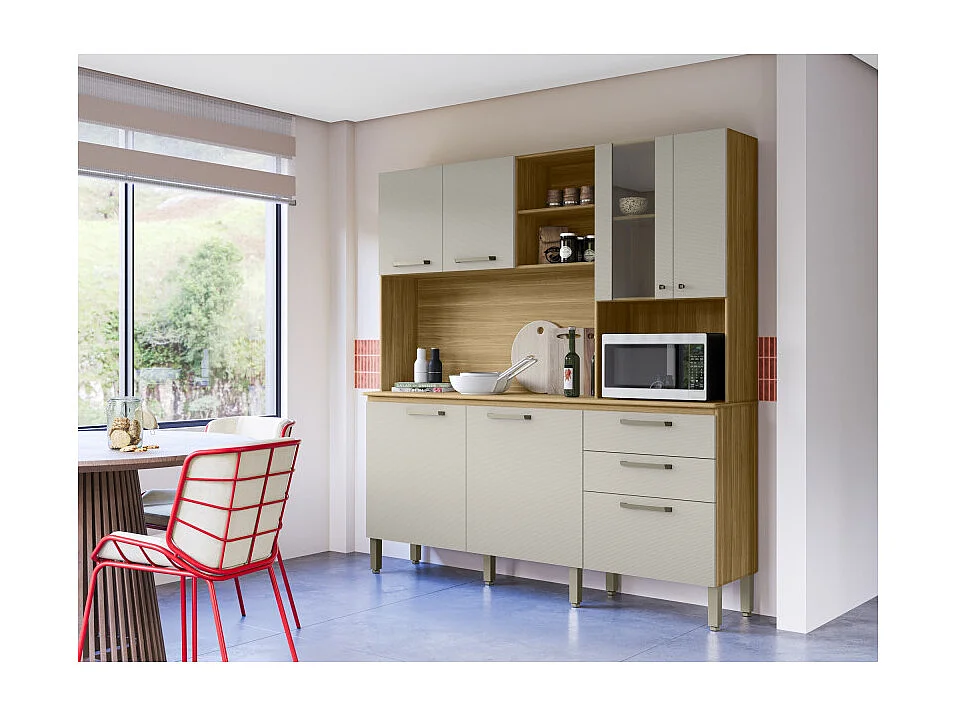 Buffet 7 Portes 2 Tiroirs 12 Niches Chêne et Blanc Ecru Gaufré L 182 H 191 P 53.3 cm