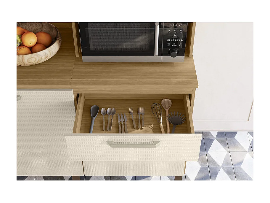 Buffet 7 Portes 2 Tiroirs 12 Niches Chêne et Blanc Ecru Gaufré L 182 H 191 P 53.3 cm