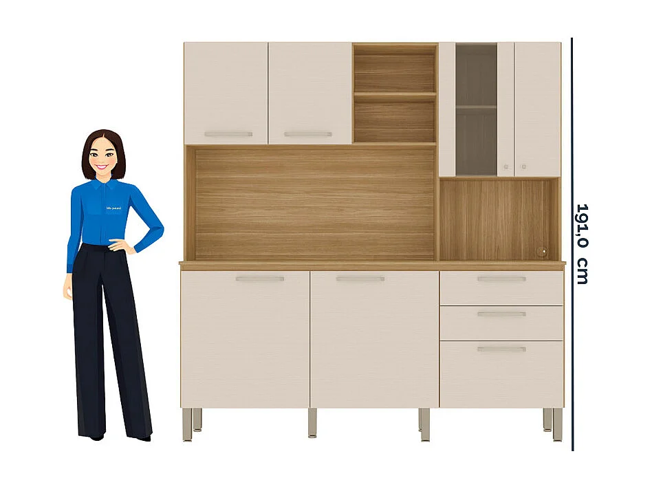 Buffet 7 Portes 2 Tiroirs 12 Niches Chêne et Blanc Ecru Gaufré L 182 H 191 P 53.3 cm