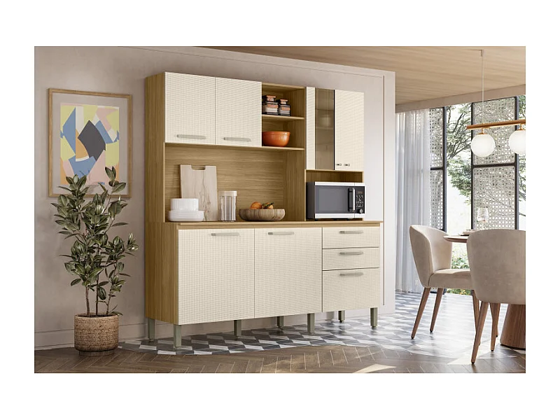 Buffet 7 Portes 2 Tiroirs 12 Niches Chêne et Blanc Ecru Gaufré L 182 H 191 P 53.3 cm