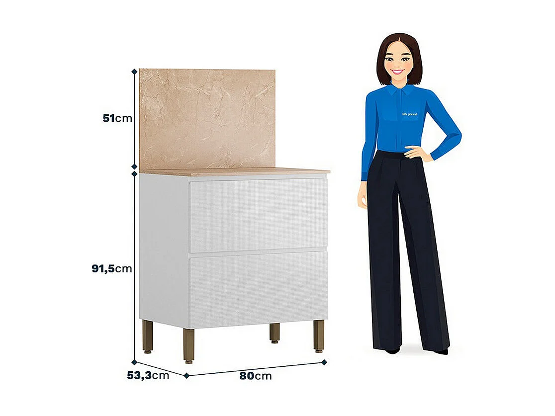 Meuble de Cuisine Bas 1 Porte 1 Tiroir Blanc et Crédence Marbre L 80 H 91.5 P 53.3 cm