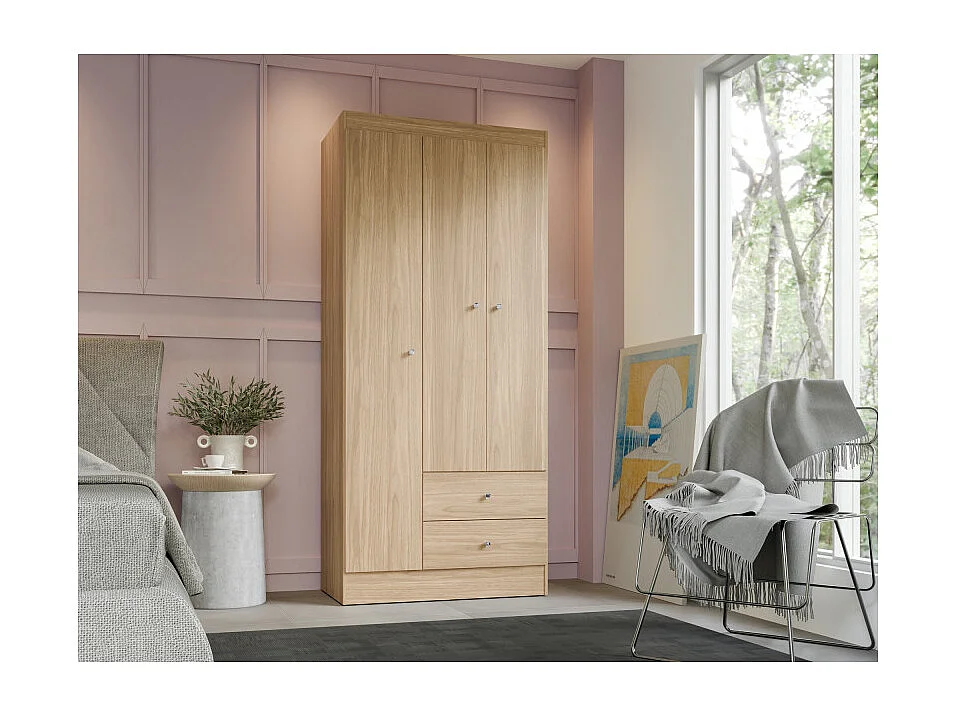 Armoire Penderie 3 Portes 2 Tiroirs 5 Niches Chêne L 81.2 H 182.4 P 46.3 cm