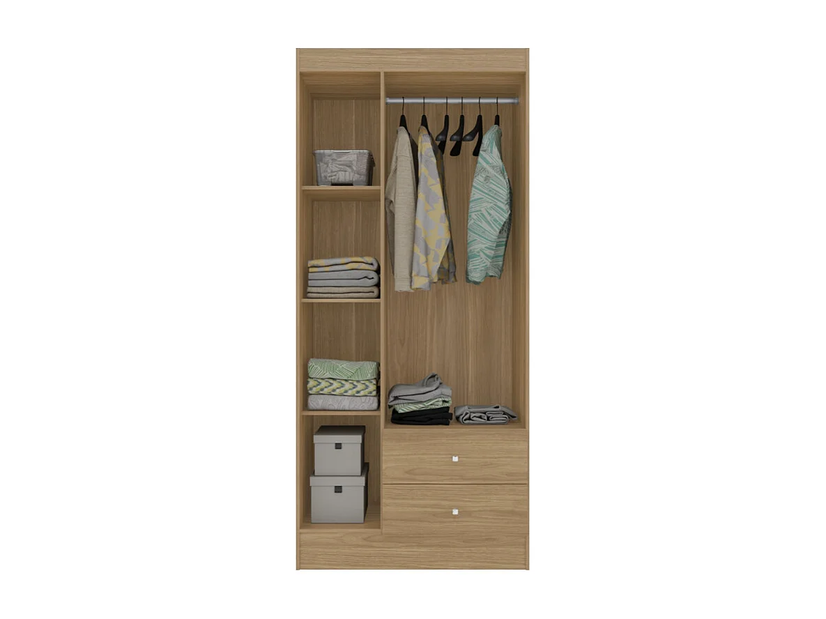 Armoire Penderie 3 Portes 2 Tiroirs 5 Niches Chêne L 81.2 H 182.4 P 46.3 cm