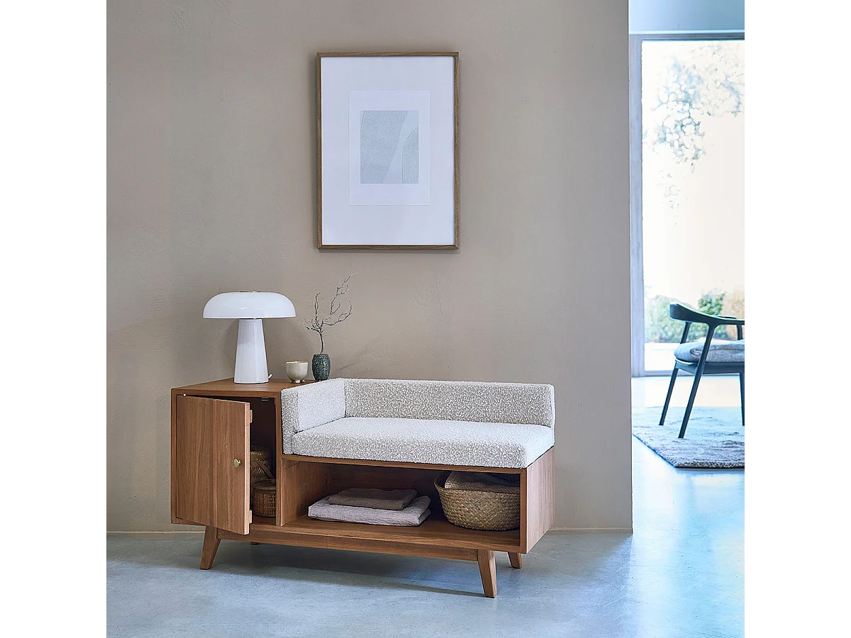 Panca in legno massello di teak e tessuto bouclé 1 anta 120 cm