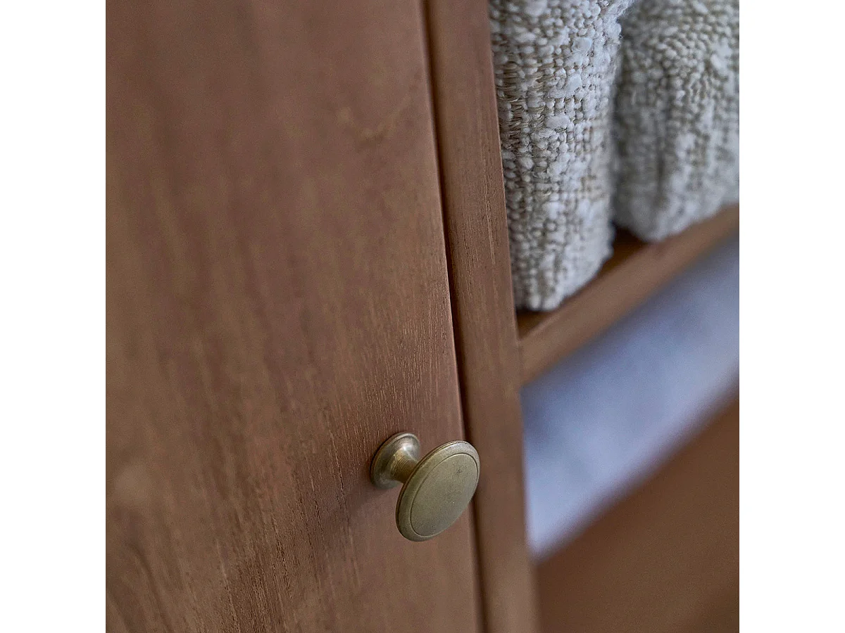 Panca in legno massello di teak e tessuto bouclé 1 anta 120 cm