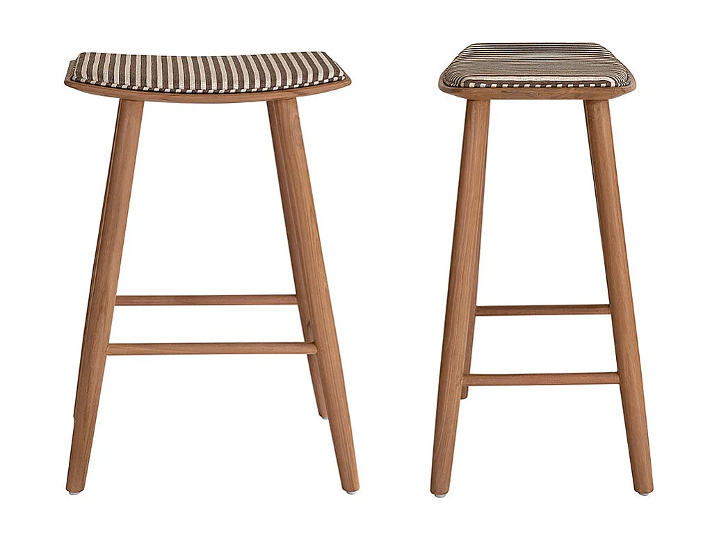 Lot de 2 tabourets en teck massif et assise à rayures 65 cm