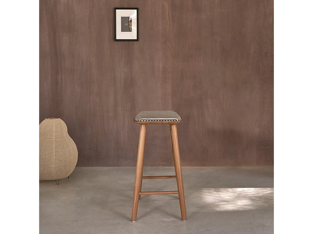 Lot de 2 tabourets en teck massif et assise à rayures 65 cm
